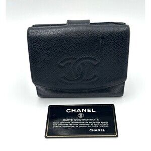 Authentic Chanel CC Caviar Leather Compact Wallet Black Snap Original COA